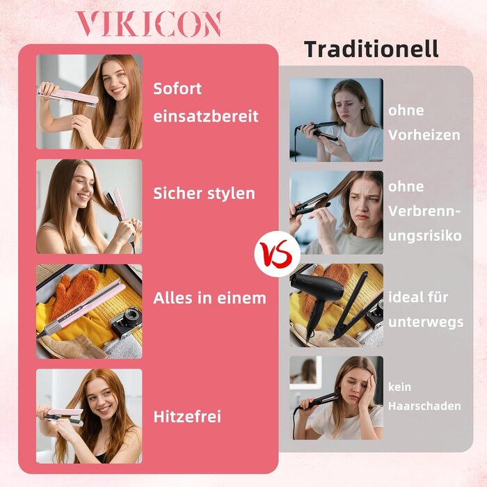 Випрямляч для волосся VIKICON Air Ionic: Професійний безпластинковий випрямляч та плойка для середнього та довгого волосся, рожевий