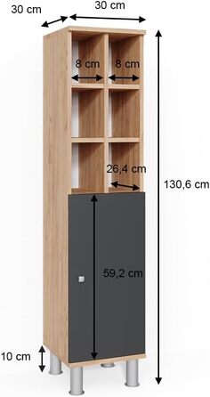 Пенал для ванної Vicco Fynn, антрацит/дуб золотий, 30x130.6 см, з великою дверцятами