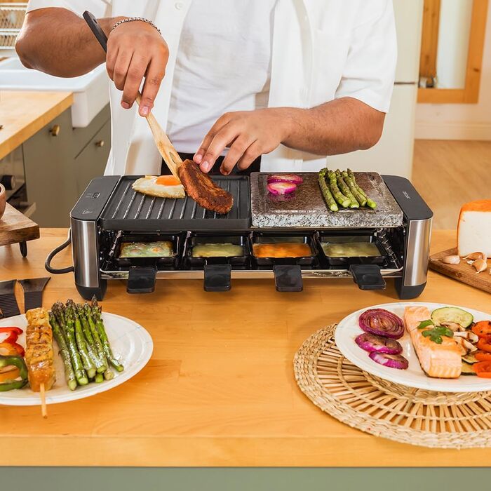 Електричний гриль-раклениця Cecotec MixGrill 16000 Inox – 1400 Вт, 8 персон, з регулюванням температури, 2 нагрівальні пластини (алюміній та натуральний камінь) 20x22 см, 8 сковорідок та 8 лопаток