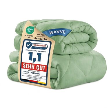 Комплект ковдр WAVVE з 2-х предметів: всесезонна (300г/м²) та літня (150г/м²) ковдри з мікрофібри, стібана ковдра для зими (450г/м²), 135x200 см, зелена