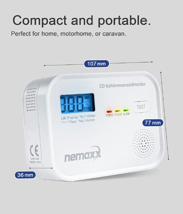 Детектор чадного газу NEMAXX® CM18 з LCD-дисплеєм, електрохімічний сенсор, 85 дБ, стандарт EN 50291-1:2018, термін служби 10 років