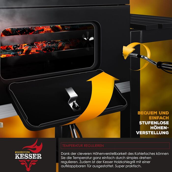 Гриль KESSER® Grillwagen BBQ Smoker XL з коліщатками, термометром та аксесуарами. Чорний котел для барбекю з нержавіючої сталі, решітка та 8 шампурів