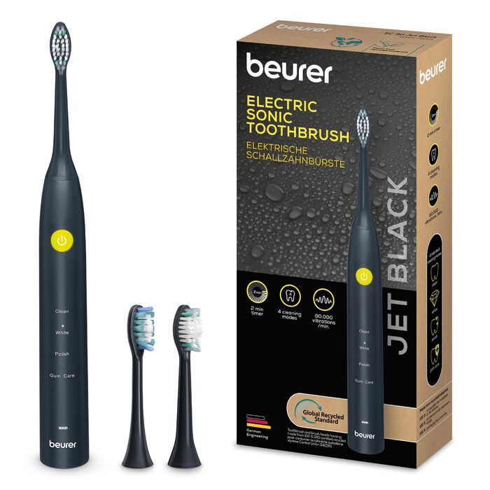 Beurer SC 30 Електрична зубна щітка Jet Black з 4 режимами чищення, 80 000 коливань, таймером та LED-дисплеєм + 2 насадки, корпус з переробленого пластику