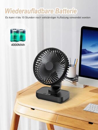 Вентилятор настільний USB портативний акумуляторний Leise 4000mAh, 4 швидкості, LED-дисплей, чорний