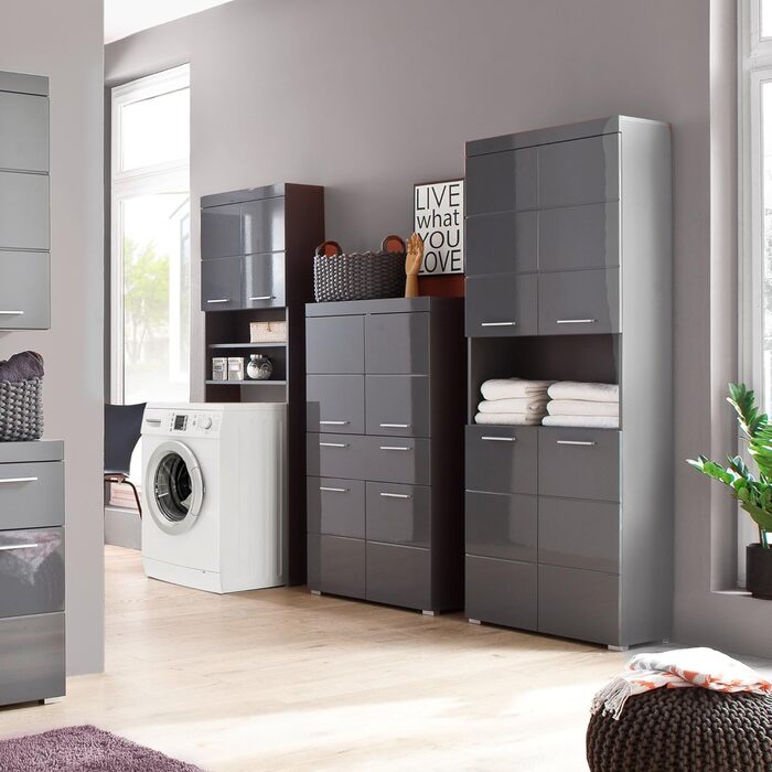 Високий шафа для ванної trendteam Amanda, 73x190x31 см, агавовий сірий глянець