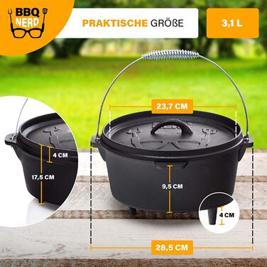 Голландська піч BBQ-Nerd 'Starter' 3.1L з ніжками - готова до використання, попередньо оброблена - чавунний котелок, жаровня з кришкою та підйомником кришки - вогнестійкий котелок для гриля та кемпінгу, котелок для гриля 'Starter' з ніжками 3.1 літр