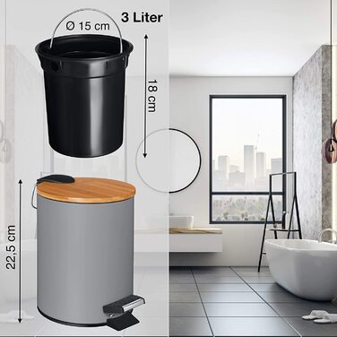 Косметичний відро для сміття VMbathrooms 3 л, сірий матовий, з бамбуковою кришкою, педаллю та функцією Soft Close для ванної кімнати