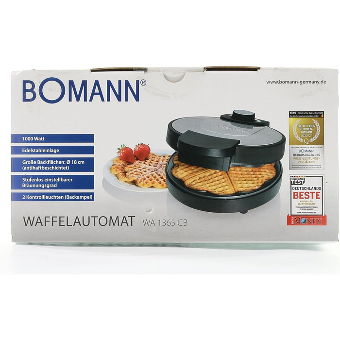 Вафельниця Bomann WA 1365 CB, 1000 Вт, антипригарне покриття, сердечка, регулювання підсмажування, індикатор готовності, нерж. сталь, Ø18 см