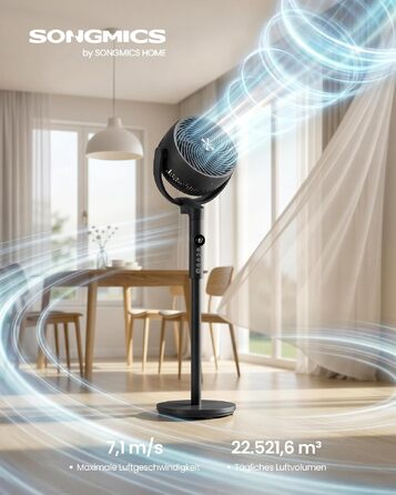 Вентилятор підлоговий SONGMICS XFC002W1EU (Чорний) тихий, з пультом, 120°/135° осциляція, 15 швидкостей, таймер, 3 режими, регульована висота