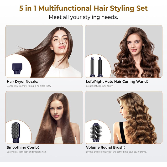 UKLISS 5-в-1 Airstyler Фен-щітка для укладки волосся з насадкою для локонів, 60000 об/хв, блакитний