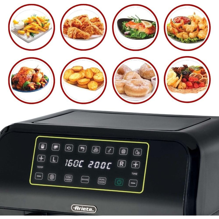 Аерофритюрниця Ariete 4623 Airy Fryer Dual, подвійна чаша, 1700 Вт, 8 л, 3 режими, сенсорне LED-управління, 8 програм, таймер, чорна