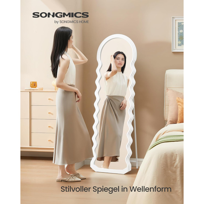 Дзеркало в повний зріст SONGMICS 160x50 см, стояче, хвилясте, з дерев'яною рамою MDF, для спальні, вітальні, передпокою, біле
