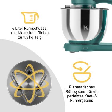Кухонний комбайн KLAMER 1800W — Планетарний міксер для тіста з чашею 6л, 10 швидкостями та таймером, набір насадок (гак, вінчик, міксер), колір бірюзовий