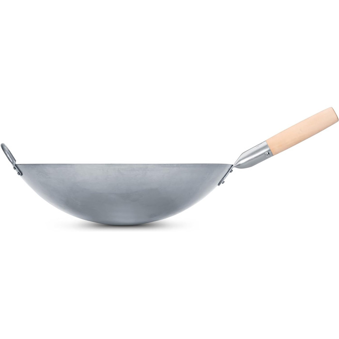 Велика важка ручна сковорода-вок із вуглецевої сталі Craft Wok 40 см з дерев'яною та сталевою ручкою, кругле дно