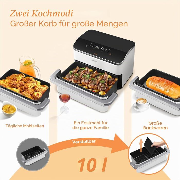 Аерофритюрниця з подвійним кошиком COSORI Dual Blaze TwinFry 10л (5л+5л), WiFi, 2800 Вт, біла