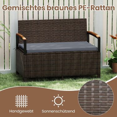 Лавка садова Costway з ротангу Polyrattan, з ящиком для зберігання, 2-місна, сіра (120x61x84 см) для балкона, тераси, саду з подушками