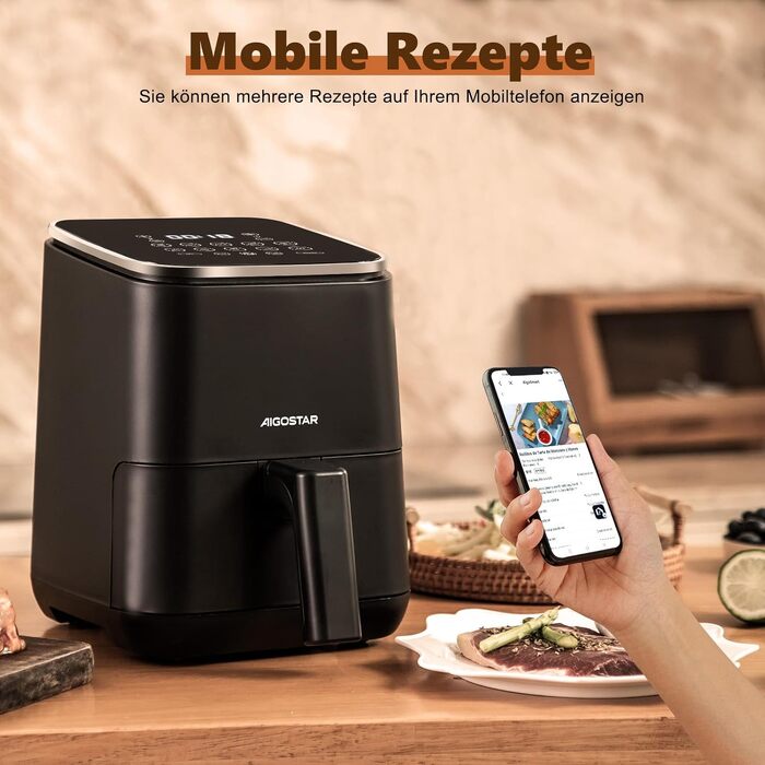 Аерофритюрниця Aigostar Dot 2Л: Airfryer з LED-сенсорним екраном, 8 програмами, 1200W, регулюванням температури та таймером, антипригарне покриття, BPA-free