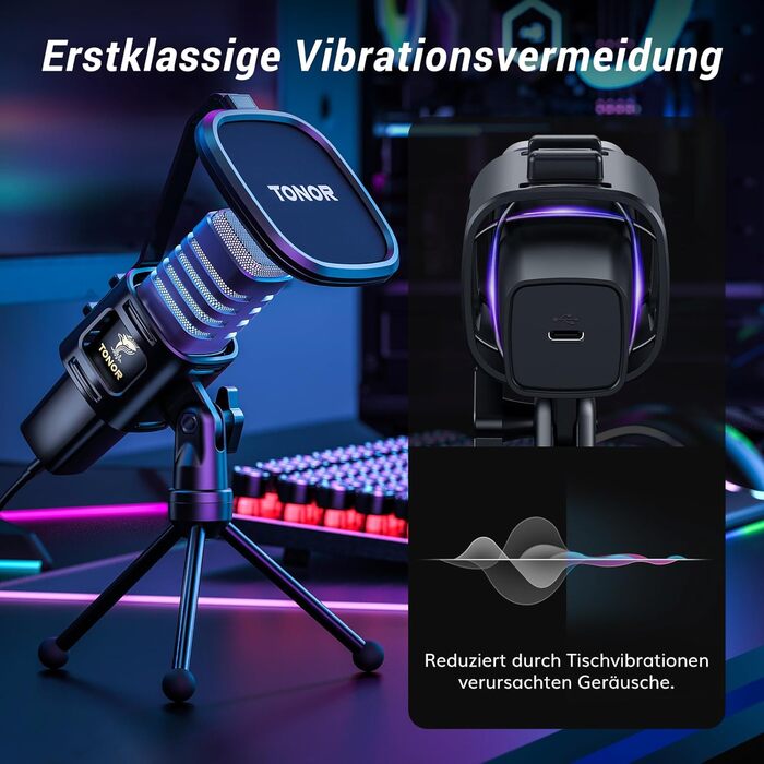 Ігровий USB-мікрофон TONOR TC30 з RGB підсвіткою для ПК, стрімінгу, подкастів, студії, конденсаторний, кардіоїдна спрямованість, з підставкою, для ігор, YouTube, конференцій, співу, сумісний з PS4, PS5