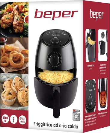 Аерофритюрниця BEPER P101FRI001, без олії, 2 л, 1000 Вт, чорна, з таймером і регулюванням температури, знімний контейнер і решітка