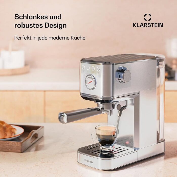 Еспресо-машина Klarstein SteelPresso Slim, 20 Бар, 1350 Вт, нержавіюча сталь, 1,2 л, з паровою насадкою, компактна, проста у використанні