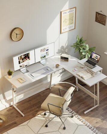 Ігровий кутовий стіл CubiCubi 170x120 см, білий, з моніторною підставкою, простий монтаж, просторий комп'ютерний стіл L-подібний для геймерів