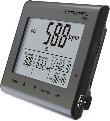 Вимірювач CO2 Trotec BZ30 – монітор якості повітря, вологості та температури, діапазон вимірювання 0-9999 PPM, похибка ±75 PPM + 5%, даталогер на 50 000 вимірювань