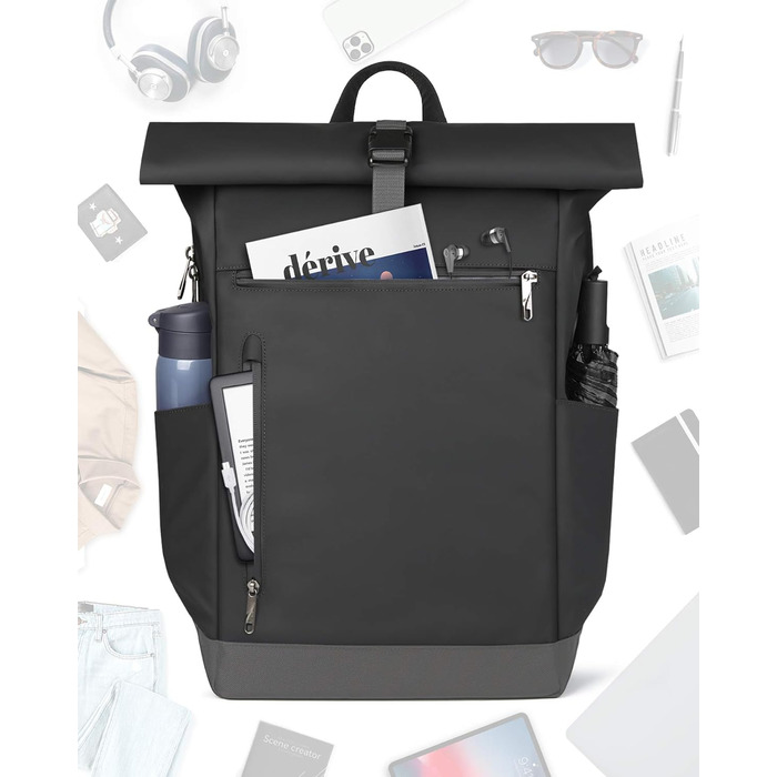 Рюкзак Inateck RollTop 25-30 л, чорний, для чоловіків і жінок, велосипедний, міський, для ноутбука 17