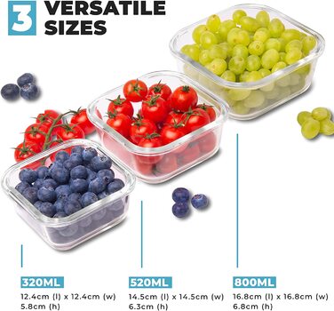 Igluu Meal Prep – Набір квадратних скляних контейнерів для їжі, 3 шт. (800 мл, 520 мл, 320 мл), герметичні, з кришками без BPA, для мікрохвильовки, духовки та посудомийної машини