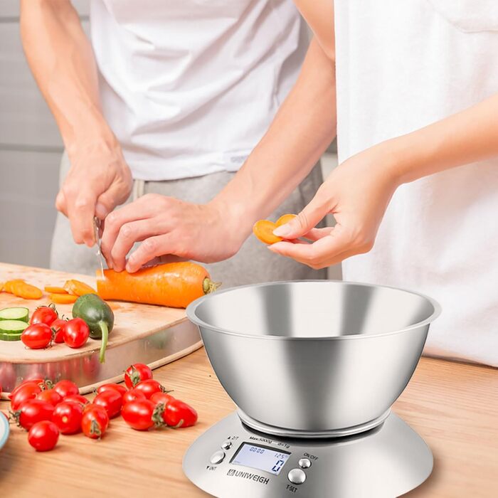 Цифрова кухонна вага UNIWEIGH з нержавіючої сталі, знімна чаша 2,15 л, LCD-дисплей, таймер, вимірювання в грамах і унціях, для приготування їжі, випічки та дієти, до 5 кг (11 фунтів)