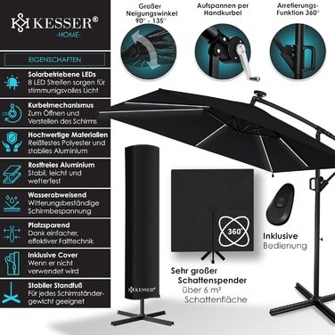 Парасолька для саду KESSER Holly з LED-підсвіткою, прямокутна, сонячна батарея, чорна, алюмінієва, водовідштовхувальна, з чохлом і фіксацією, діаметр 350 см, UV-захист, з ручкою-кривошипом і стійкою