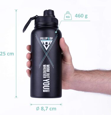 PULLUP & DIP Спортивна термос пляшка з нержавіючої сталі 950 мл, BPA-free, подвійні стінки, для спорту, фітнесу, туризму, герметична, з карабіном