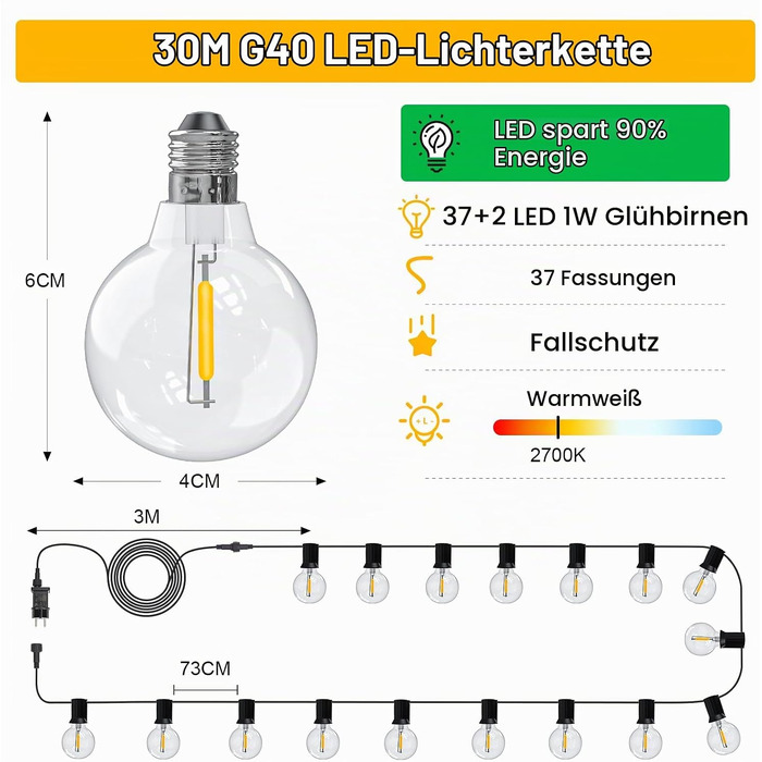 Світлодіодна гірлянда для вулиці 30м, зовнішнє LED-освітлення для саду та тераси