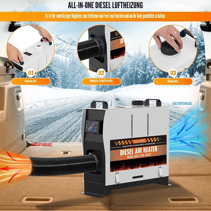 Автономний дизельний обігрівач VELPAX All in One 8кВт, 12/24/220В з Bluetooth, App та LCD-дисплеєм для авто, вантажівок, кемперів та човнів (білий)