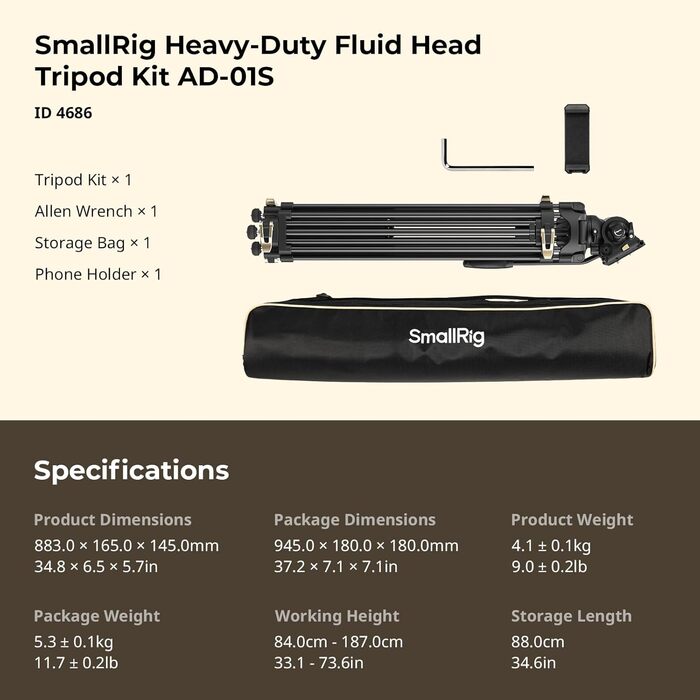 Відеоштатив SMALLRIG AD-01S, 74'', з флюїдною головкою, швидкознімна плита, до 6 кг для DSLR, відеокамер, фотоапаратів