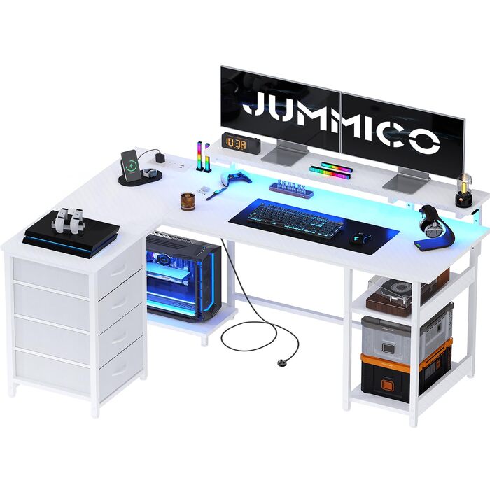 Ігровий кутовий стіл JUMMICO L-подібний (155x100 см) з LED-підсвіткою та розеткою, білий