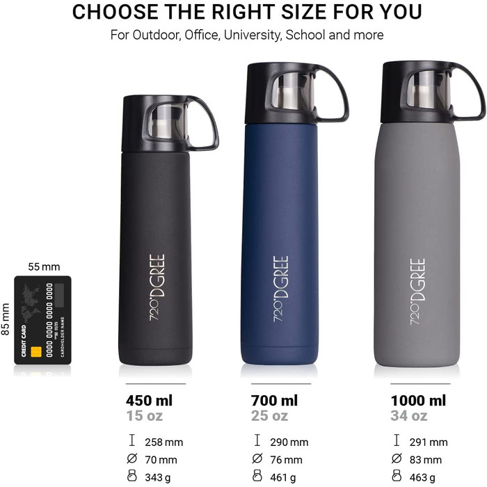 Термос 720°DGREE Follow з чашкою, 1000 мл, нержавіюча сталь, герметичний, BPA-free, для кави та чаю, сірий матовий, для дітей, школи, роботи, outdoor