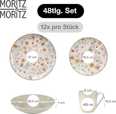 Набір посуду Moritz & Moritz PRIMAVERA Steingut для 12 осіб (48 шт.) - сучасний сервіз з іграшковим дизайном, легкий у догляді, включає ‎12 мисок, 12 чашок, 12 десертних тарілок, 12 обідніх тарілок