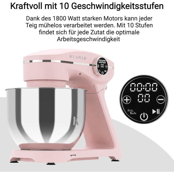 Кухонний комбайн KLAMER 1800W з чашею 6л з нержавіючої сталі, планетарний міксер для тіста з таймером, 10 швидкостей, набір насадок (гак, вінчик, міксер), колір Premium Pink