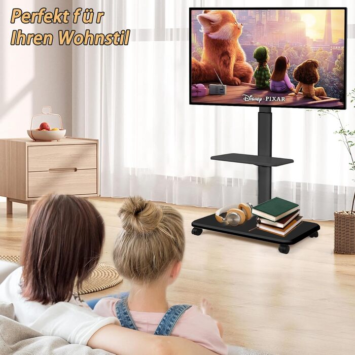 Мобільний телевізійний тумба Hellsehen для LED/LCD/OLED TV 32-70 дюймів (до 45.4 кг), чорна, з регулюванням висоти та фіксаторами коліс