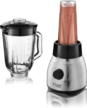 Блендер стаціонарний Russell Hobbs 2-в-1 зі скляною чашею 1.5л та міні-блендером для смузі 0.6л - подрібнювач льоду, BPA-free, нержавіюча сталь 23821-56
