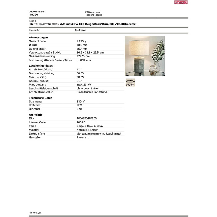 Настільна лампа Pauleen Go for Glow, кераміка/тканина, E27, 20 Вт, 230В, бежево-сіра-зелена, без лампочки