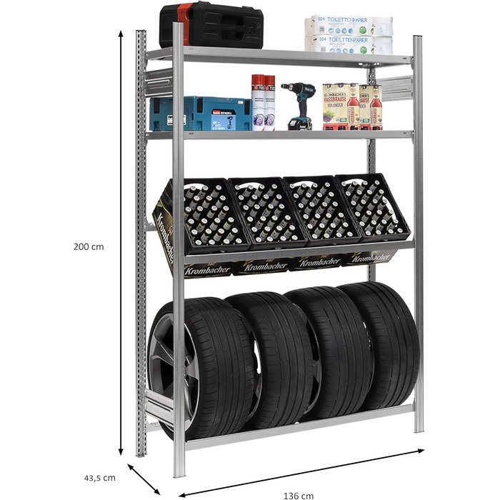 Стелаж для ящиків та шин PROREGAL CHIEMSEE TIRE, німецька якість, 200x136x43,5 см, оцинкована, для 3 ящиків, 4 шин та 2 дощок