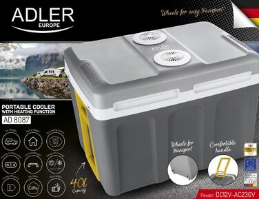 Електрична автохолодильник ADLER AD8087 40 л, термоелектричний, HEAT-COOL, ECO-режим, 12В/230В, для авто і кемпінгу