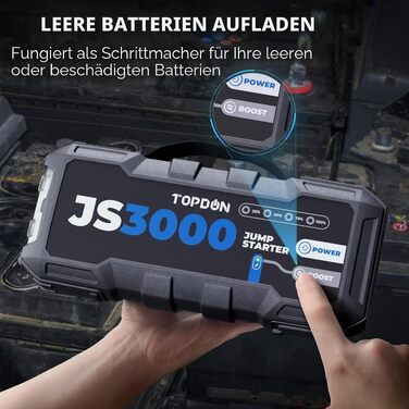 Бустерний пускач TOPDON JS3000 3000A, портативний Jump Starter для авто (бензин до 9л, дизель до 7л), Powerbank 24000mAh з LED-ліхтарем та чохлом