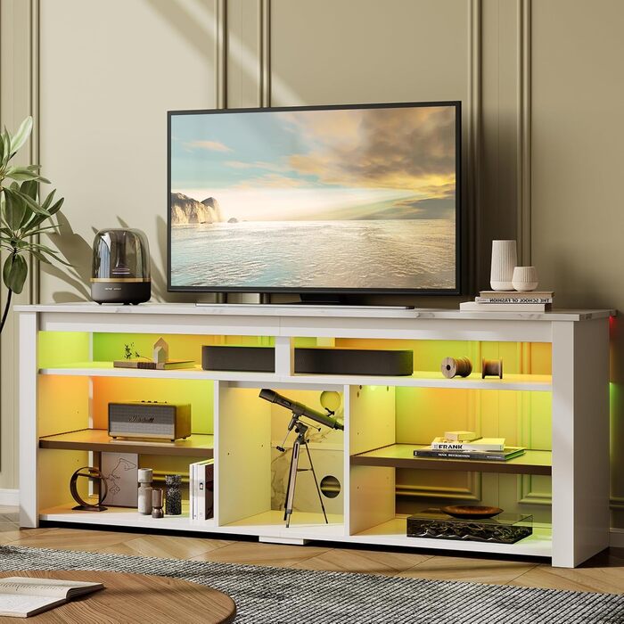 Тумба під телевізор Bestier 70 дюймів з підсвіткою LED, для PS5, біла мармурова - 160x33.8x66.8 см