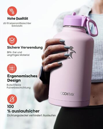 Термобутилка Coolflask 2Л зі сталею, трубою та 3 кришками, вакуумний ізольований спорт-флакон для води та офісу, герметична, рожева (1893 мл)