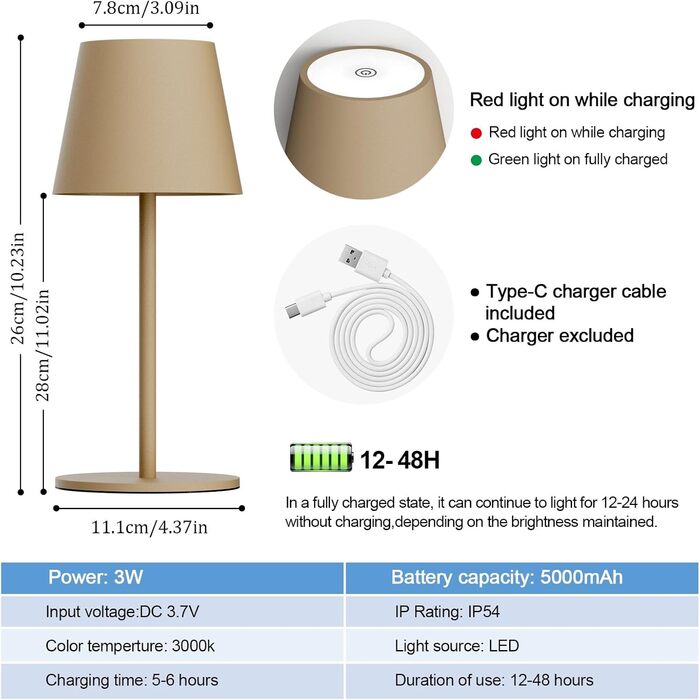 LED настільна лампа Lundwa на акумуляторі 26 см, 5000 мАг, 3W, 3000K, IP54, для кемпінгу, ресторану, спальні, бару (1 шт.)