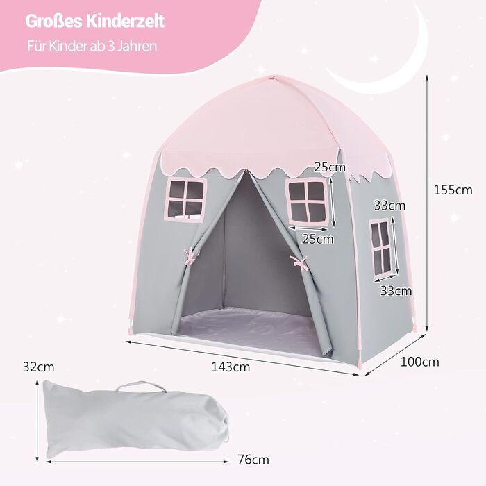 Дитячий ігровий будиночок GOPLUS, XL, 143x100x155 см, з сумкою, килимком, дверцятами на блискавці та 4 вікнами, для 2-3 дітей від 3 років (Рожевий)