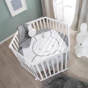 Дитячий манеж шестикутний roba з вкладкою Miffy, 3-рівневе регулювання, мобільний дерев'яний білий манеж на колесах