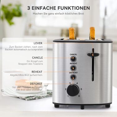 Тостер KitchenBoss Edelstahl на 2 тости: з підставкою для булочок, знімним піддоном для крихт, 6 рівнів підсмажування, автовимкнення, розморожування та підігрів - 870 Вт